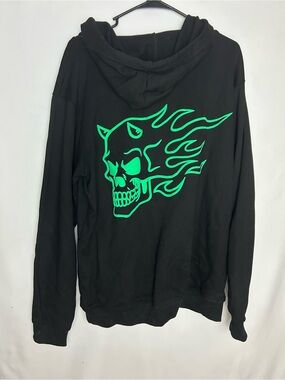 Black Hoodie with Neon Green Flaming Skull Graphic